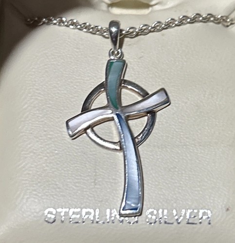 Solvar Ireland Cliffs Moher Sterling Silver Celtic Cross Necklace Mother Pearl
