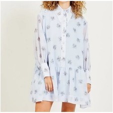 GANNI Organza Floral Mini Shirt Dress Button Front Long Sleeve Blue M/L