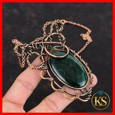 Oval Natural Malachite Mother Artisan Wire Wrapped Chain Necklace Jewelry Copper