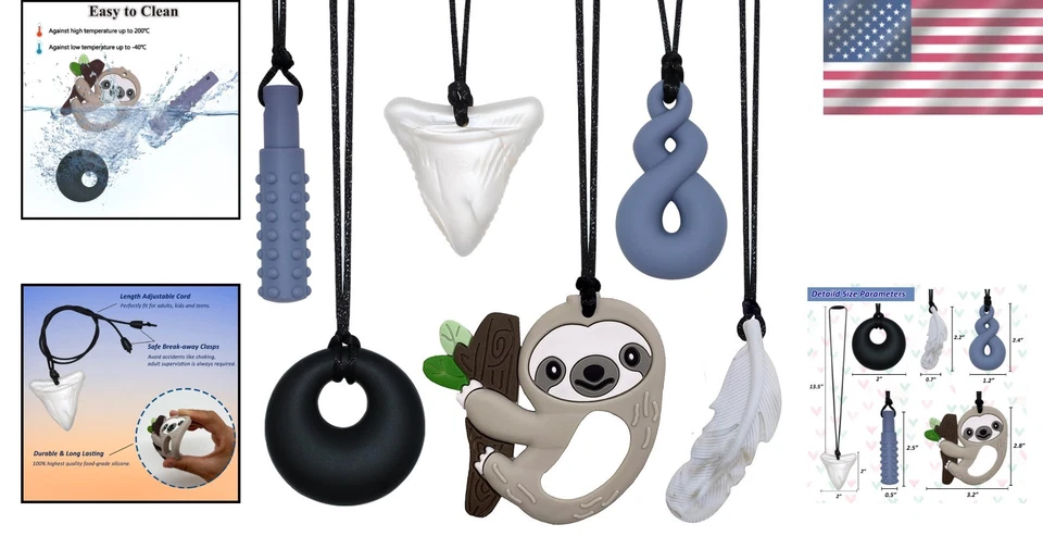 Упаковка из 6 прочных силиконовых сенсорных жевательных ожерелий для детей и взрослых — безопасное облегчение - Изображение 2 из 4