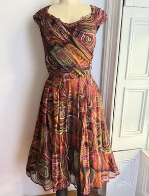 Peruvian Connection Silk Chiffon Dress Abstract Multicolor Cowl Fit Flare Size 8