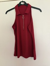 Red Summer top Blouse High Neck & Collar Size 16 Ribbed Fabric free post  Bx13