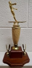 Vintage Male Water Ski Trophy Award w/ Ceramic Center Walnut Base 11.5"