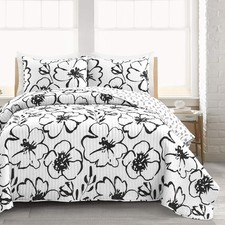 Scandinavian Floral Quilt King Size Reversible 3 Piece Set Black White Floral
