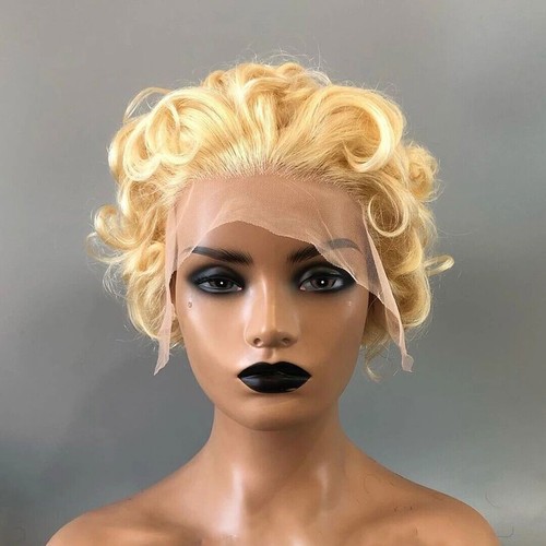 Parrucche ricci corti taglio pixie capelli umani 613 capelli vergini biondi 13x1 pizzo davanti USA - Foto 3 di 11