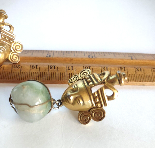 Castlecliff Larry Vrba Brass Jade Mayan Aztec Deity Clip On Caged Drop Earrings - Picture 3 of 5