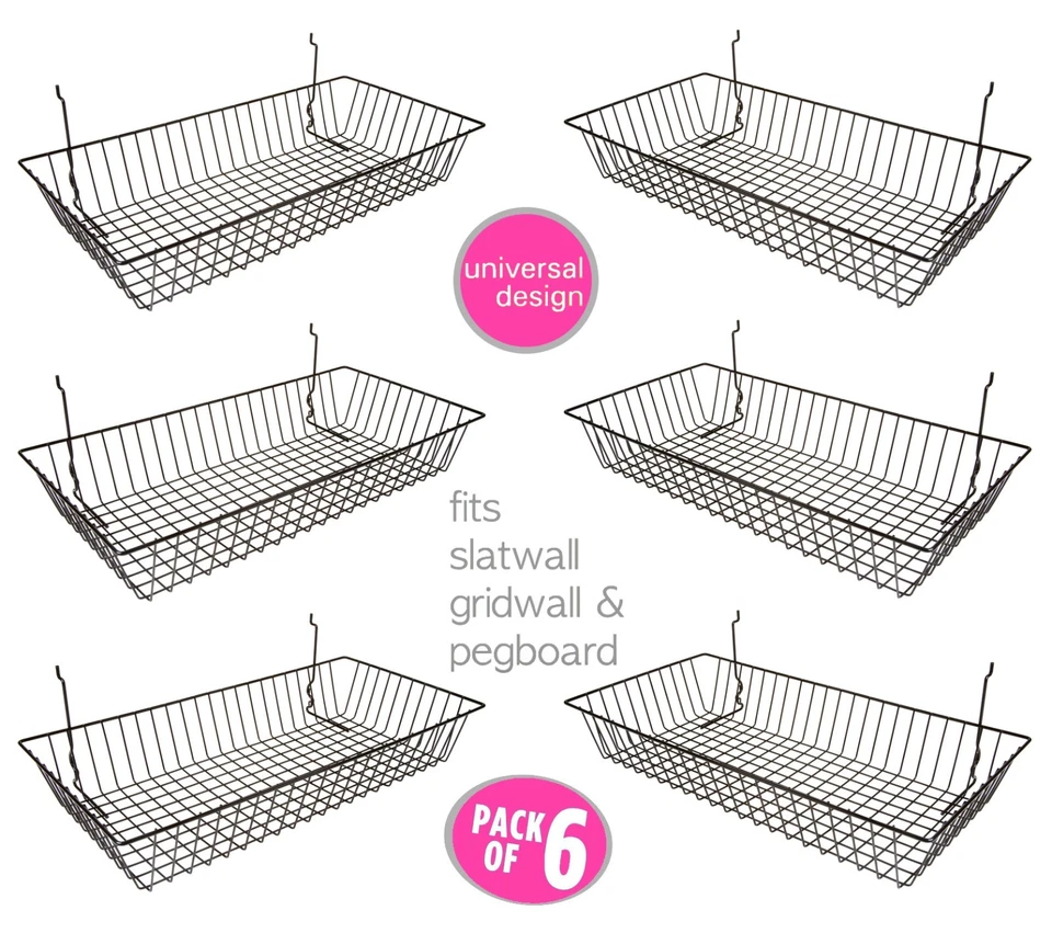 ONLYHANGERS 6 pcs -24" x 12" x 4" Baskets for Gridwall/Slatwall/Pegboard - BLACK