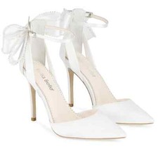 Bella Belle MIRABELLE Ivory Ankle Strap Pearl Bow Heels. Made in USA 7 - Sample