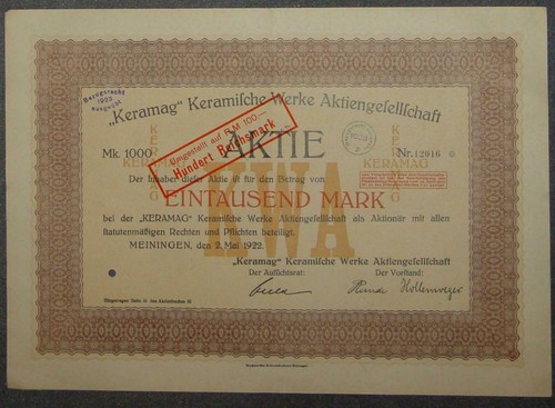 Lot 10 X "KERAMAG" Keramische Werke Aktiengesellschaft 1922 Mai 1000 Mark