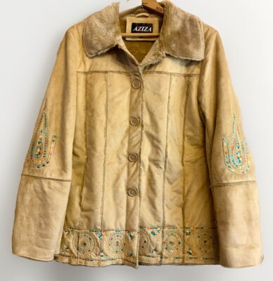 Aziza Faux Fur Suede Embroidered Jacket Coat Shabby Chic Boho Cowgirl Sz L