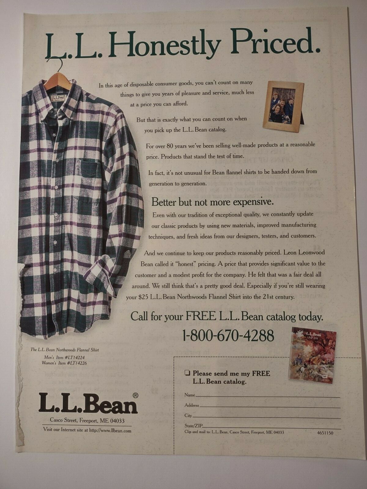 Anuncio impreso vintage LL Bean honestamente mejor pero no más caro