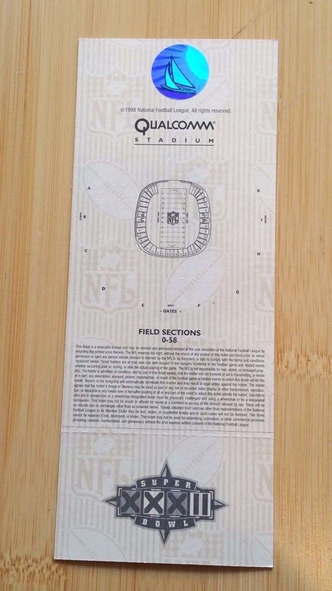 SUPER BOWL FOOTBALL TICKET - FULL - 1998 XXXII 32 - BRONCOS