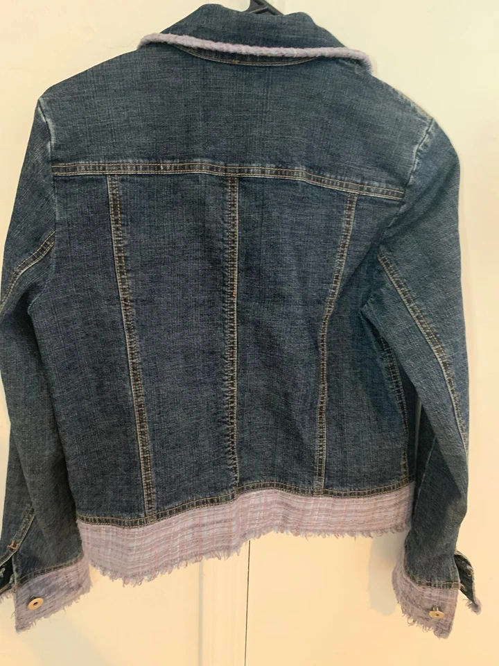 Casual Corner Annex Petite Stretch Women’s Size S Denim Jean Jacket Fringe Foto 3 de 4