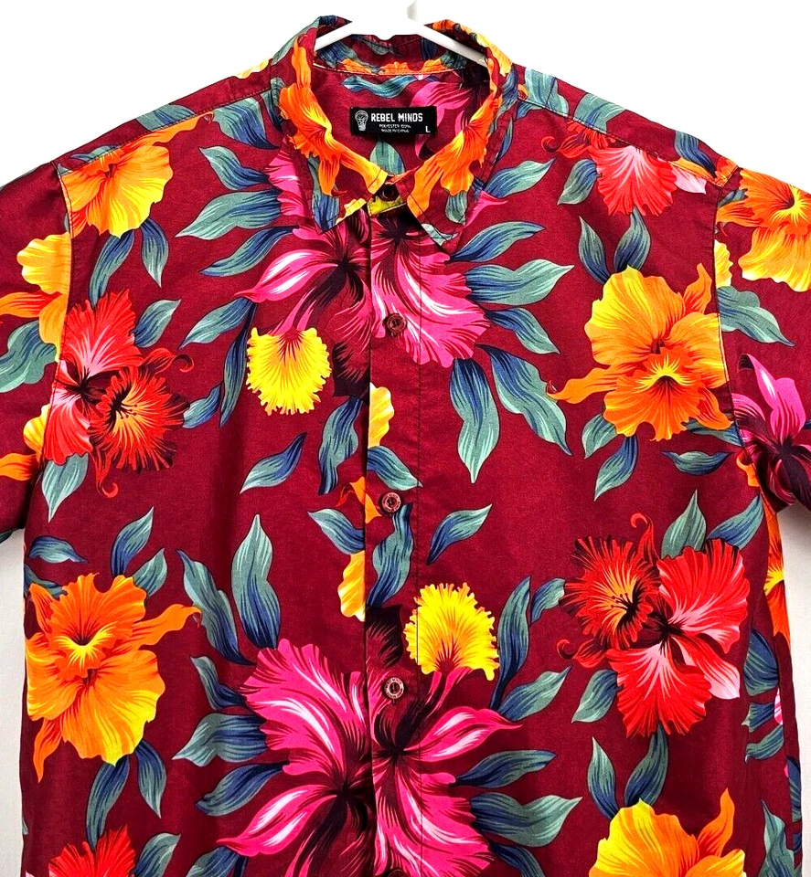 Camisa para hombre Rebel Minds talla L S/S abotonada borgoña/amarillo/naranja/verde floral Foto 3 de 4
