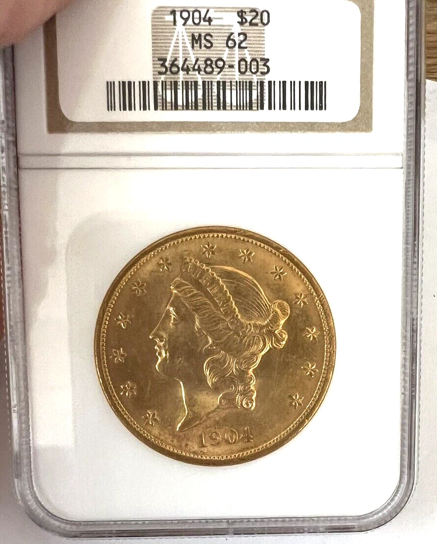 Uncirculated MS 62 Graded 1904 Year Double Eagle $20 US Gold Coins
