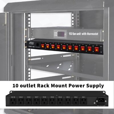 10 Inch Power Distribution Rack Mountable Power Bar 10 Outlet Power Distribution 10-Outlet Rack Mount ...