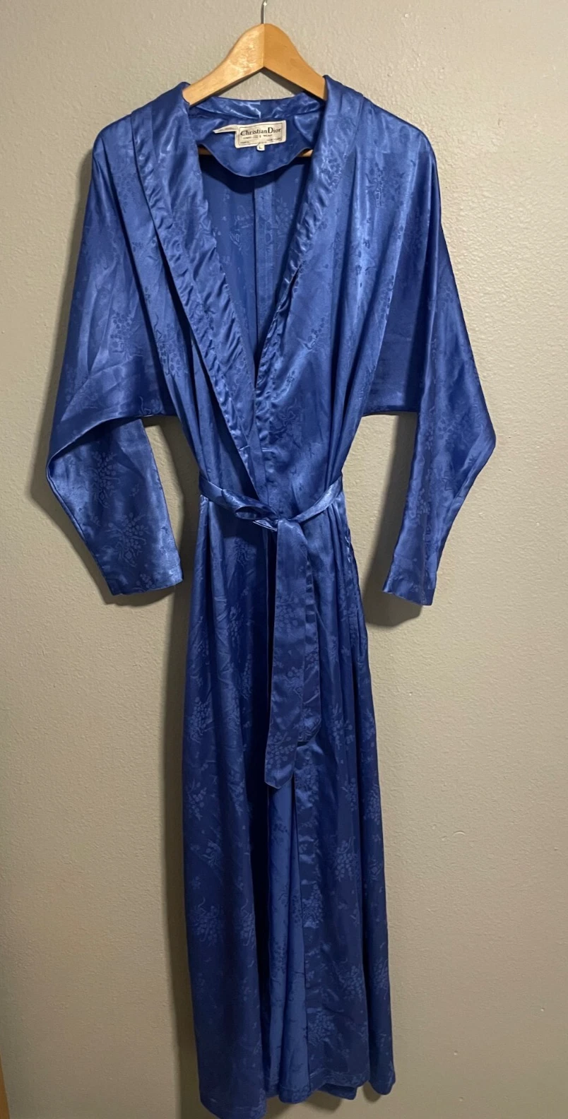 Robe longue femme vintage Christian Dior grande taille bleu satin floral damassé romantique