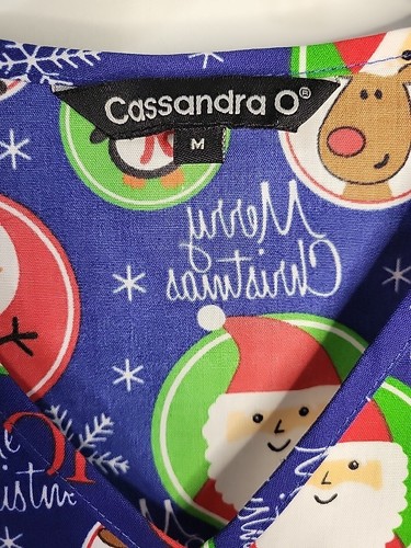 Cassandra O Christmas Joy Santa Snowman V Neck Blue Scrub Top Women's Medium NWT - Picture 3 of 7
