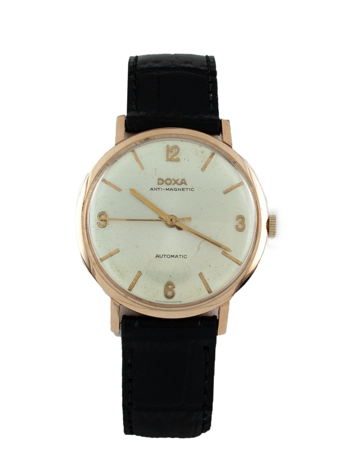 Doxa 14k Rose Gold Anti-Magnetic Automatic Watch w/ Black Leather Band ...