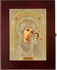Virgin of Kazan Madonna and Child Wall Hanging Icon Box for Rosaries 7 1/2 In