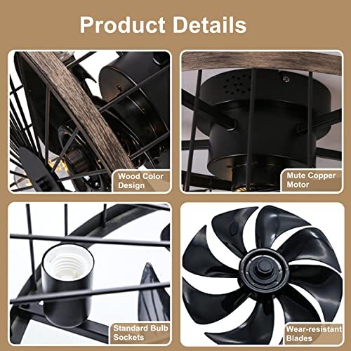 Caged Ceiling Fan with Light, 20 Inch Low Profile Farmhouse Ceiling Fan with - Picture 6 of 7
