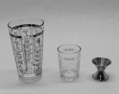 3 pc Recipe Cocktail BAR SHAKER Set MIXING GLASS, MEASURING CUP & JIGGER KIT