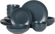 Queenslane 16 Piece Double Bowl Plates and Bowls Dinnerware Sets - Matte Blue