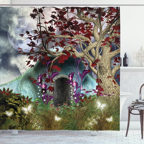 Digital Shower Curtain Wood Door in Forest Print for Bathroom