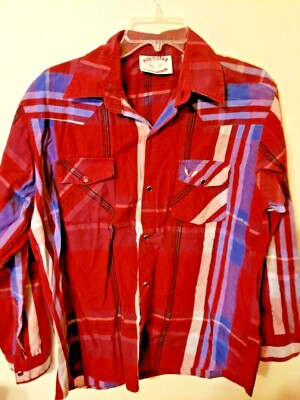 Mens M L Shirt Plaid Red Blue Holl Star Long Sleeve snap up 28 L 24 across front