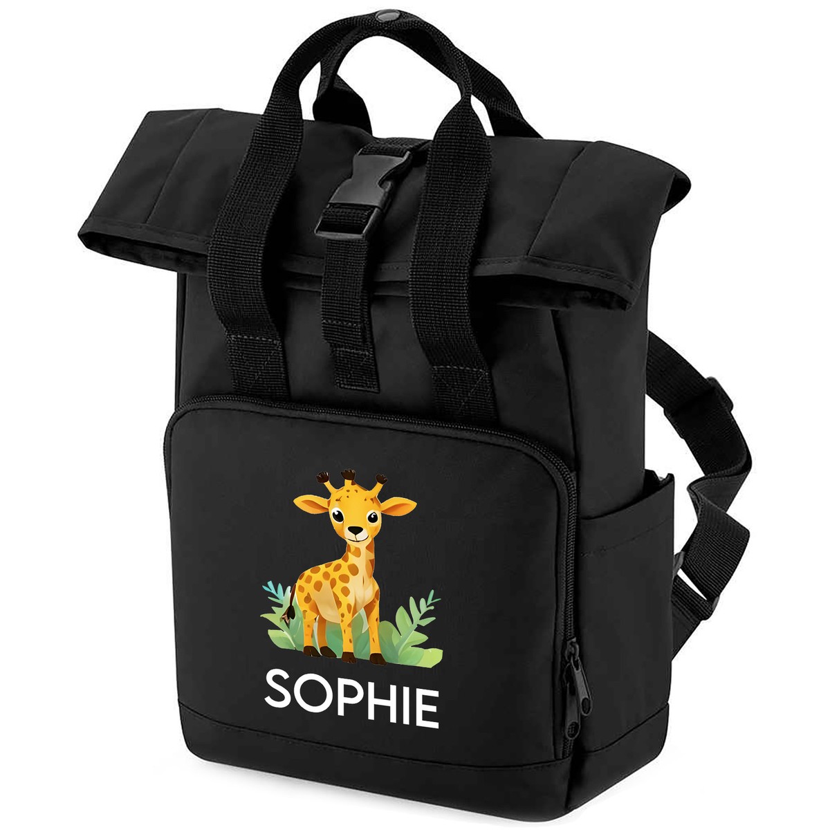 Personalised Giraffe Mini Roll Top Backpack Back to School Kids school 