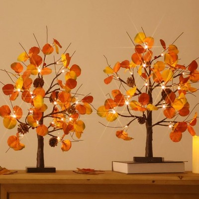 2 Pack Fall Tree With Lights USB Battery Powered Eucalyptus Maple 2FT Decor