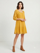 Indigo Rose Mustard Yellow Crochet Lace Crinkle Tiered Dress – Size M