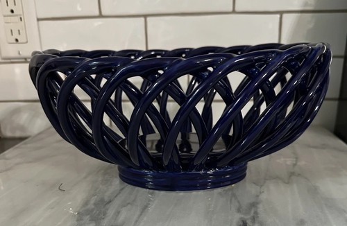 Eucalyptus Stoneware Bread Fruit Basket Cobalt Blue Oval, 10"L x 7.5"W - Picture 2 of 13