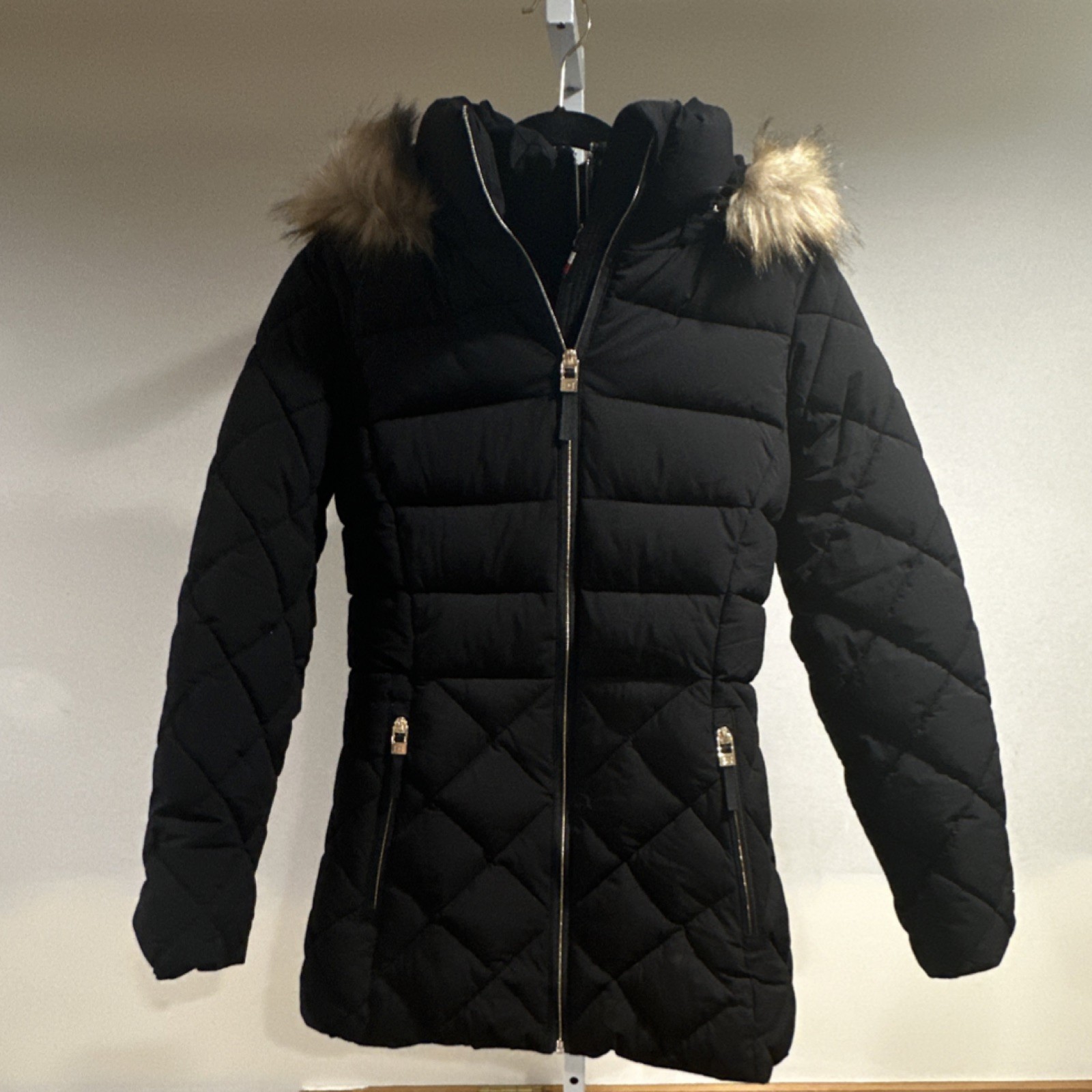 Tommy Hilfiger Black Quilted Faux Fur Trim Hooded Jacket Women’s XXS Zip