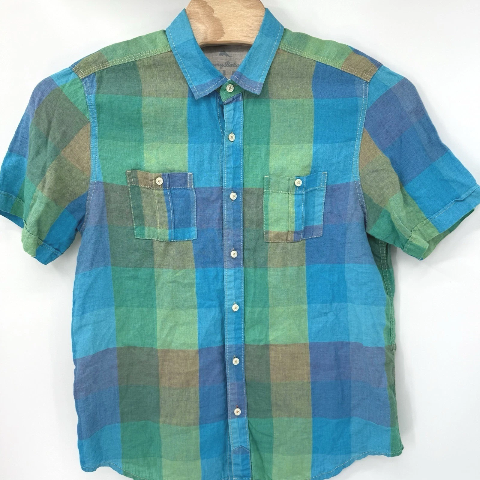 Tommy Bahama Button Front Mens Large Blue Green Plaid 100% Linen Relax Shirt