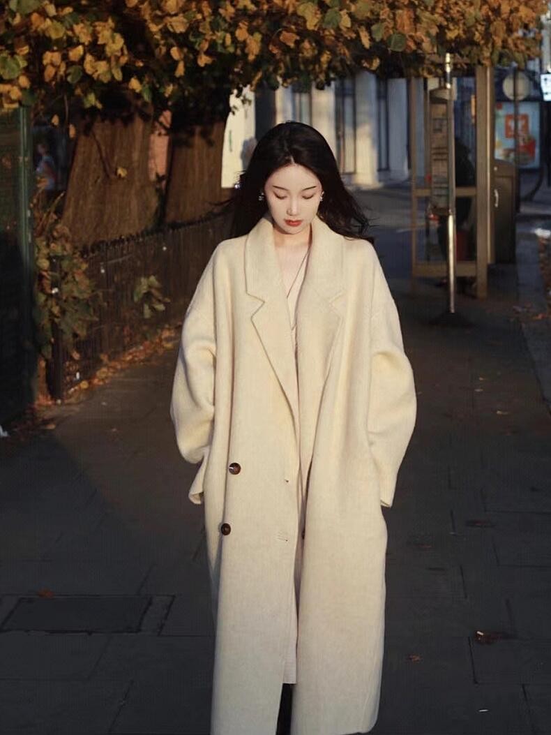 Oat White Double-sided Cashmere & Wool Coat Women Medium Length 2025 Woolen Coat