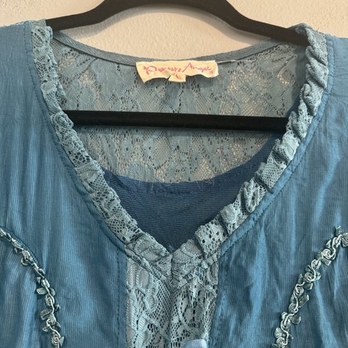 Pretty Angel Blouse Flutter Sleeve Ruffled Lace Fairy Y2K Linen Blend Ethereal L - Picture 7 of 9
