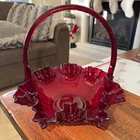 Vintage Fenton Large Ruby Red Hobnail Ruffled Edged Basket with handle