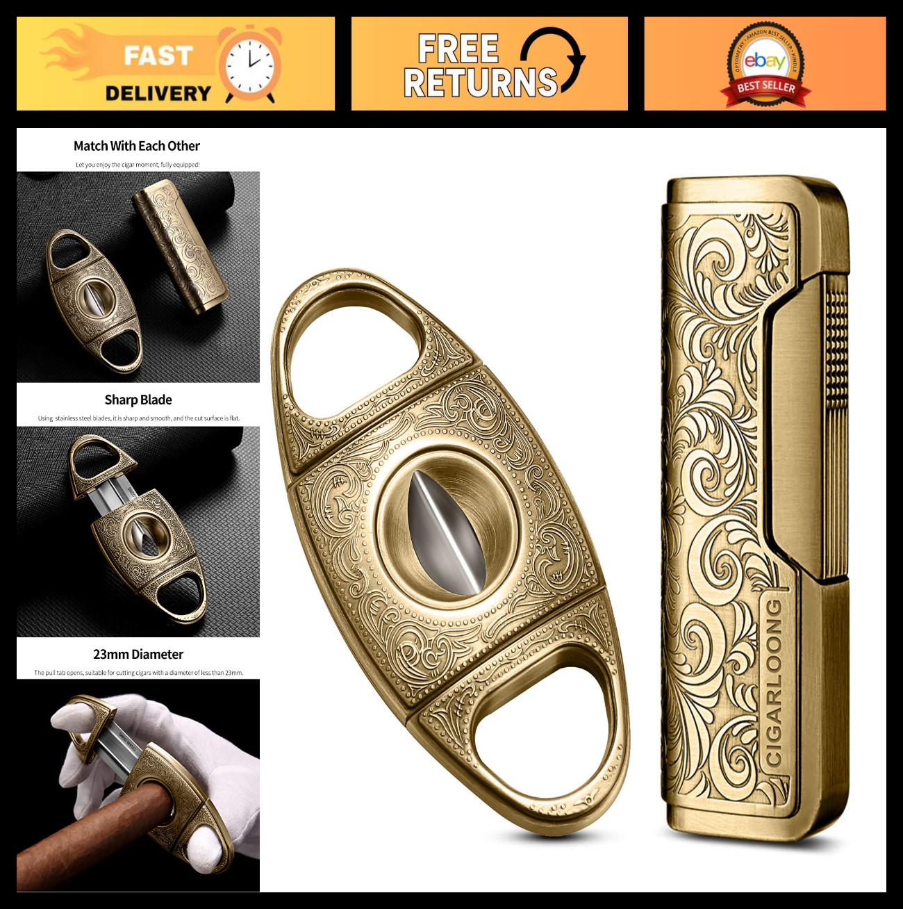 Set - V Cut Sharp Blade, Retro Carved Design, Gold Fini
