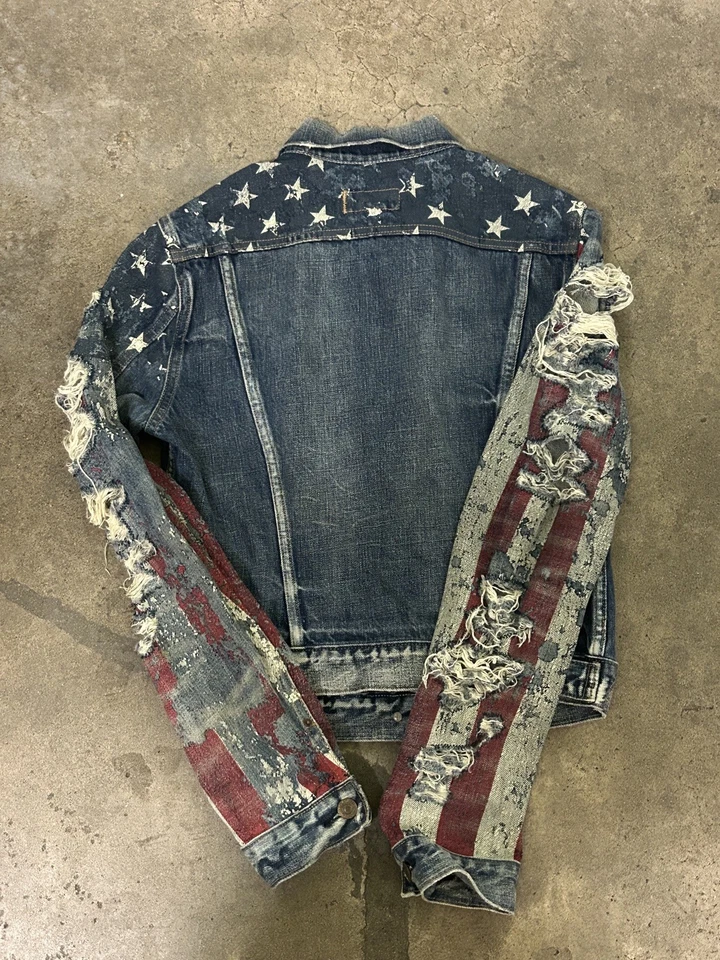 Jaqueta caminhoneiro RARA Ralph Lauren denim supply bandeira dos EUA angustiada tamanho pequeno - Imagem 2 de 4