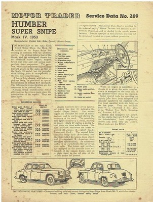 HUMBER SUPER SNIPE MkIV ORIG 1953 MOTOR TRADER TECH. DATA & SERVICE BULLETIN