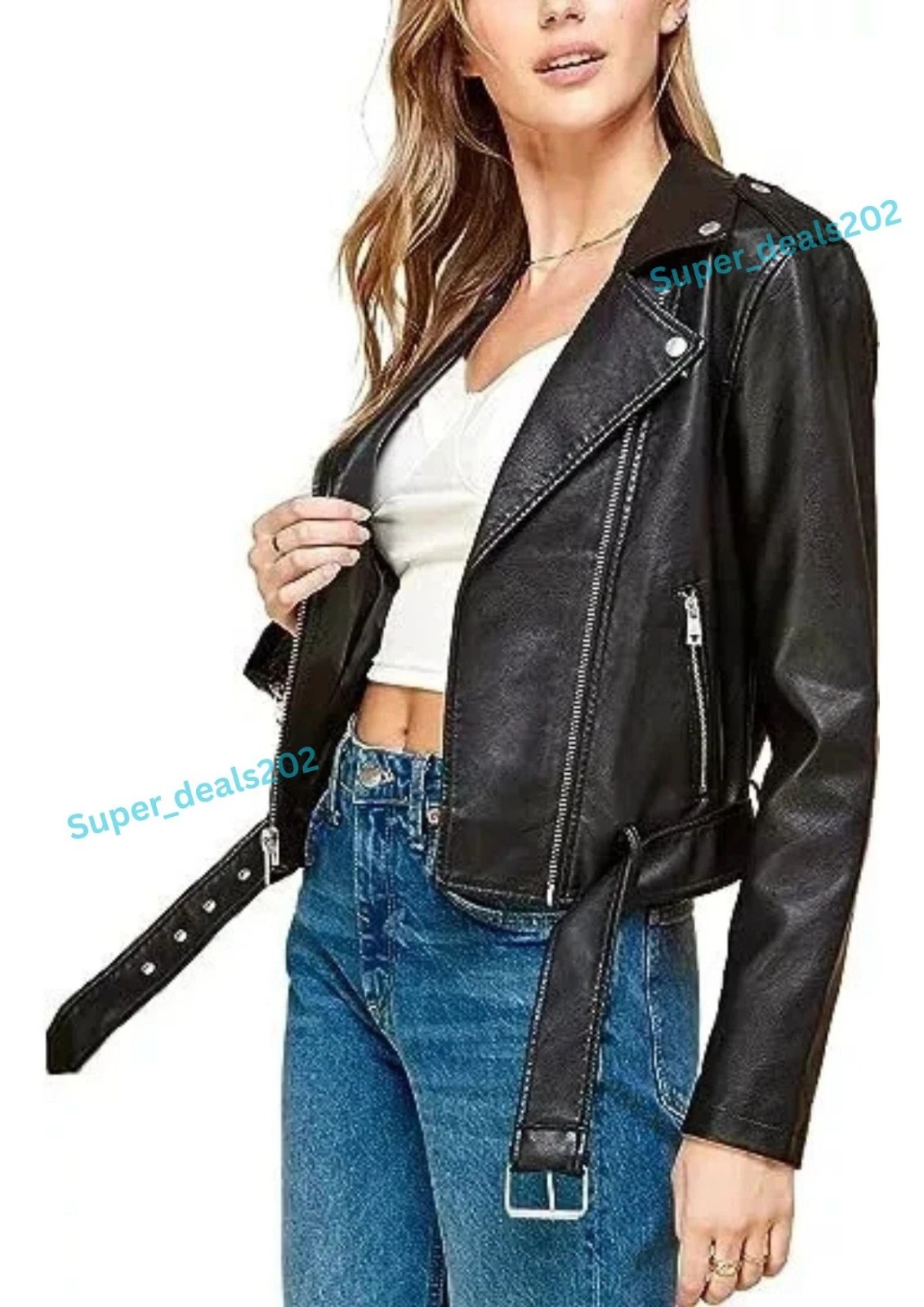 Womens Black Leather Jacket Belted Moto Biker Cropped Zip Casual Streetwear Tops