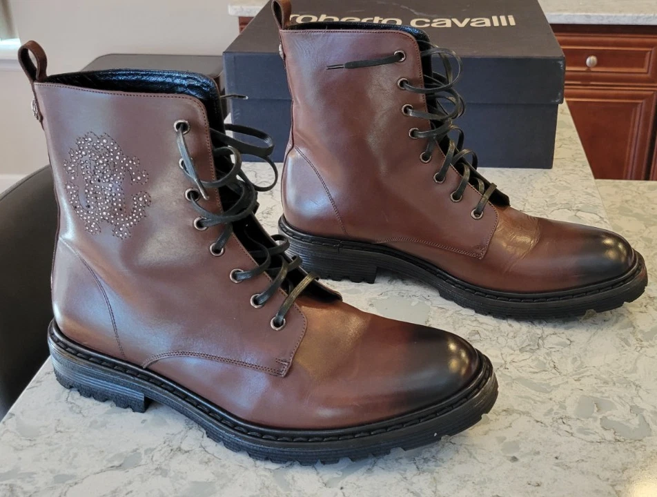 Novas Botas Masculinas Roberto Cavalli Couro Marrom com Cadarço Combate Itália Tamanho 44.5 - Imagem 3 de 4