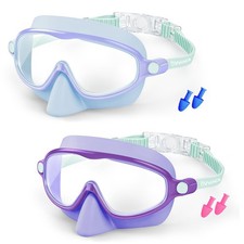2 Pack Kids Swim Goggles with Nose Cover, Wide View Anti-Fog UV Protection Sw...