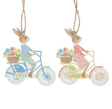 Gisela Graham Bunny Bicycle Hanging Decorations Wooden Pastel Set of 2
