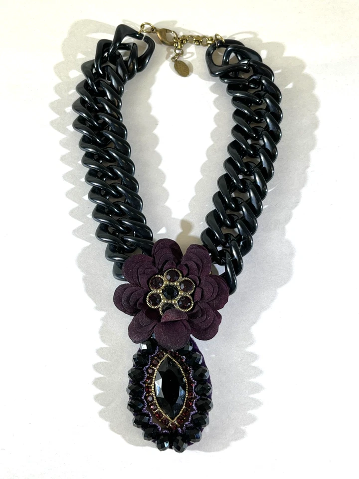 VTG Cocktail Necklace Michal Negrin Glass Stone Black Acrylic Chain Cuban DS52 - Image 2 of 4