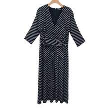 Lauren Ralph Lauren Midi Dress Womens 12 Black Chevron Stripes V-Neck Back Zip