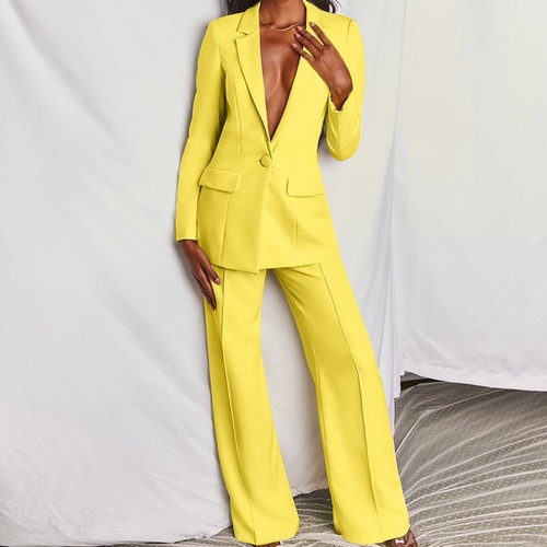 Damen Anzüge Set Einfarbig Langarm Knopf Mantel Hohe Taille Lange Hose Blazer Anzug - Bild 3 von 39