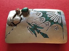 Sterling Silver Native American Turquoise Coral Thunderbird Belt Buckle