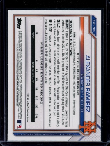 2021 1st Bowman Chrome ~ Alexander Ramirez ~ #BCP-208 ~ New York Mets - Picture 2 of 2